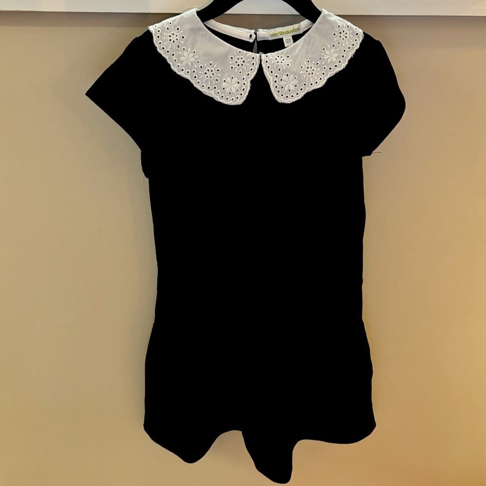French brand, Verbaudet, black cotton dress with white lace collar detail.